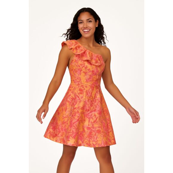 Adrianna Papell Dresses & Skirts - Adrianna Papell One-Shoulder Ruffle Fit-and-Flare Dress in Coral-Pink Print